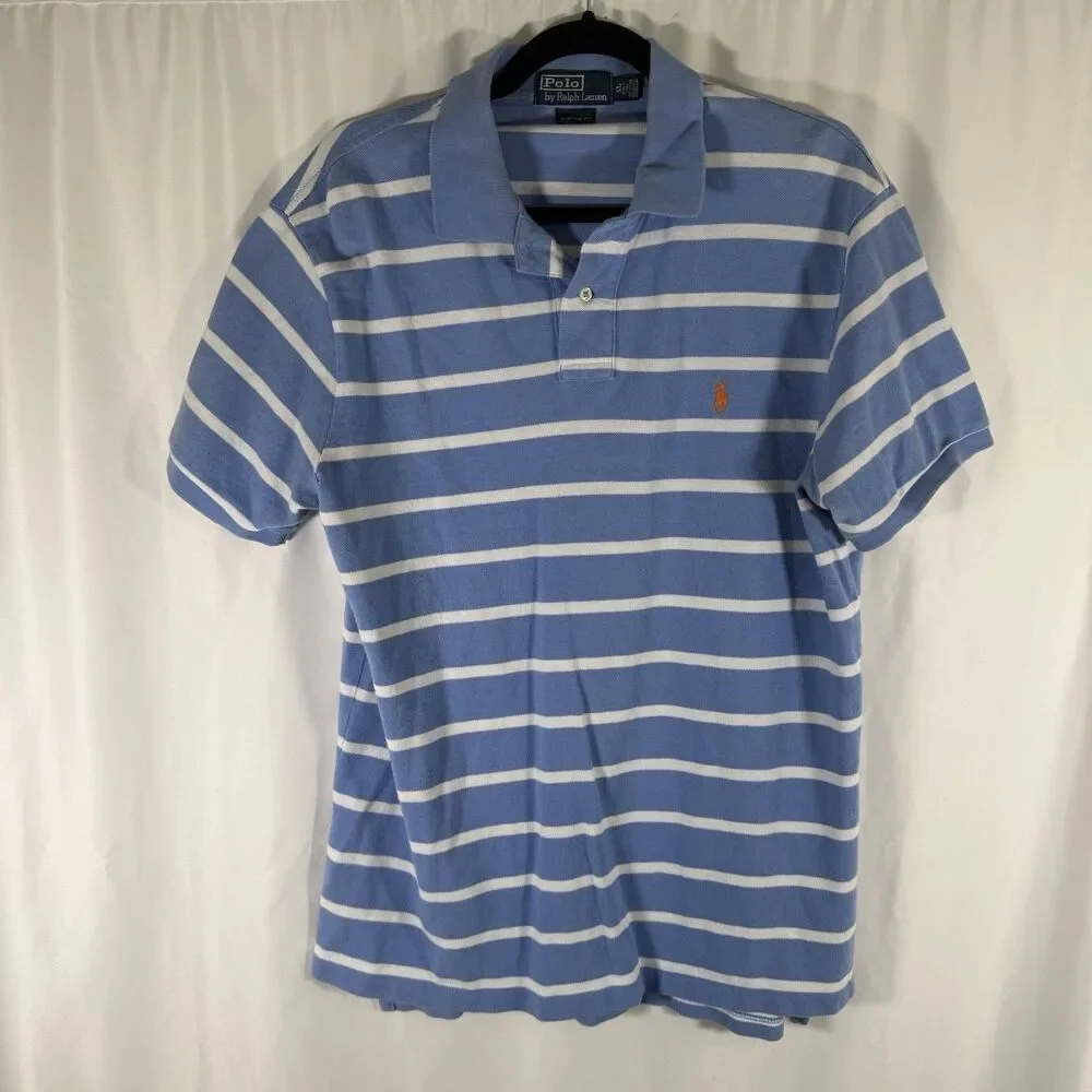 Polo Ralph Lauren Polo Shirt Mens XL Blue Striped Short Sleeve Custom Fit Cotton